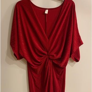 Women’s Classic Twist Knot Spilt Midi Dress, V Neck, short sleeve, Dark red, 1XL